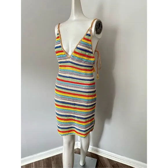 NWT My Beachy Side V-neck Ali Strappy Crocheted Mini Dress Multicolor Small