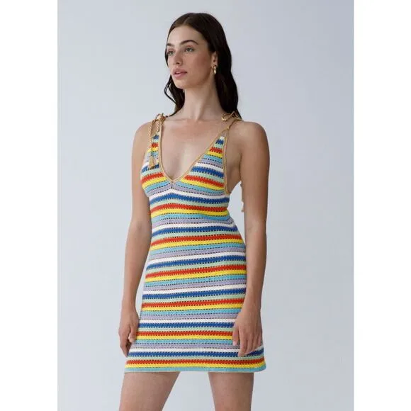 NWT My Beachy Side V-neck Ali Strappy Crocheted Mini Dress Multicolor Small