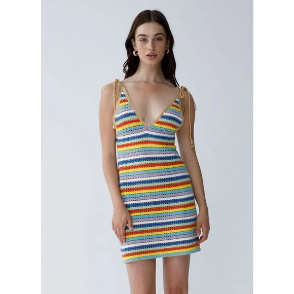 NWT My Beachy Side V-neck Ali Strappy Crocheted Mini Dress Multicolor Small