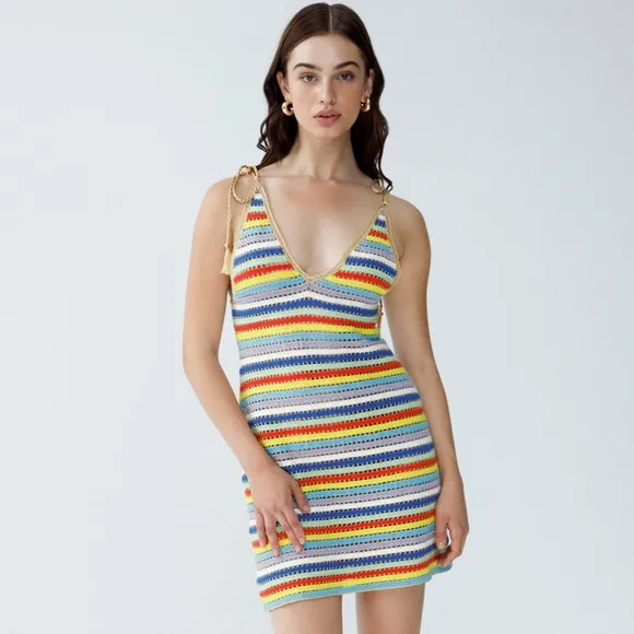 NWT My Beachy Side V-neck Ali Strappy Crocheted Mini Dress Multicolor Small