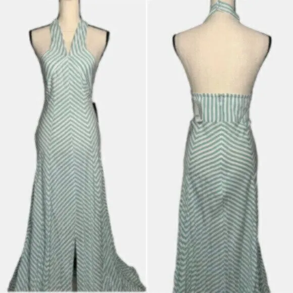 NWT New York &amp; Company Sea Green &amp; White Striped Halter Long Maxi Dress