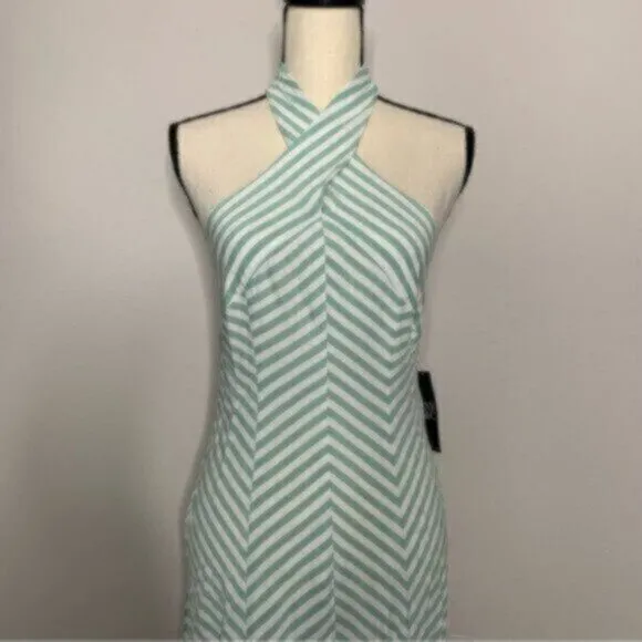 NWT New York &amp; Company Sea Green &amp; White Striped Halter Long Maxi Dress