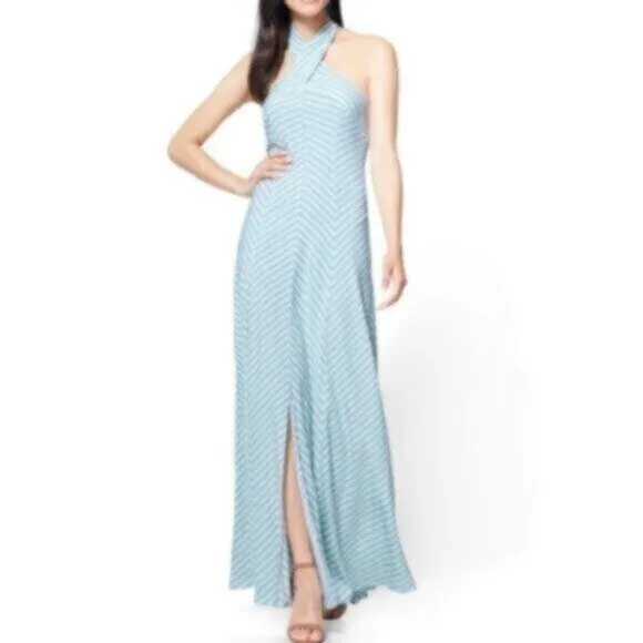 NWT New York &amp; Company Sea Green &amp; White Striped Halter Long Maxi Dress