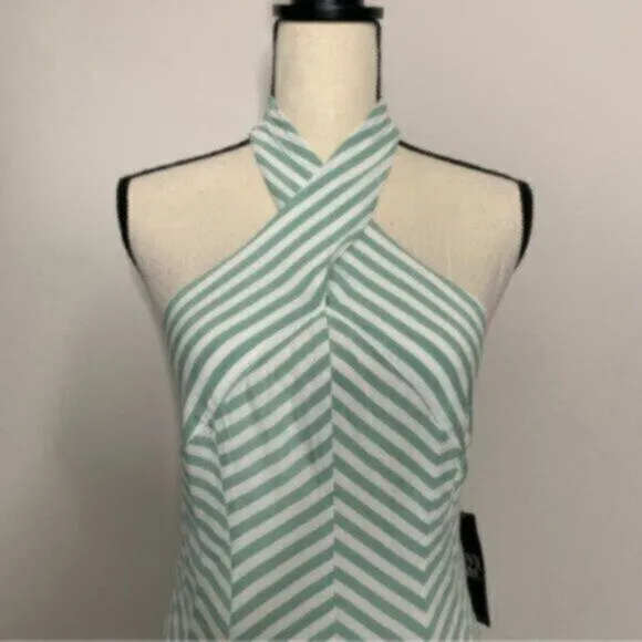 NWT New York &amp; Company Sea Green &amp; White Striped Halter Long Maxi Dress