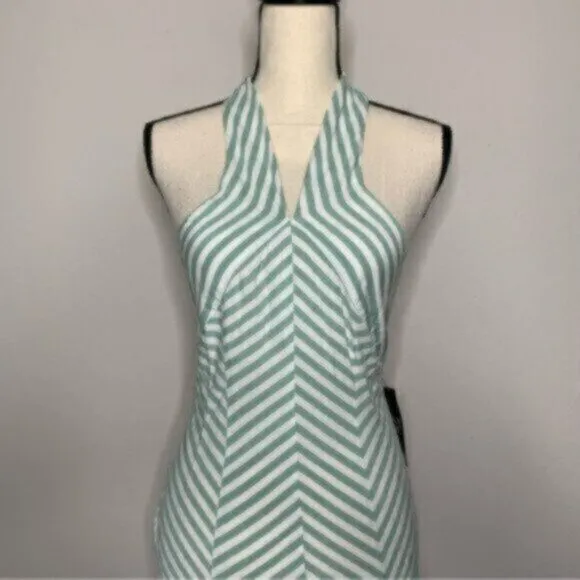 NWT New York &amp; Company Sea Green &amp; White Striped Halter Long Maxi Dress