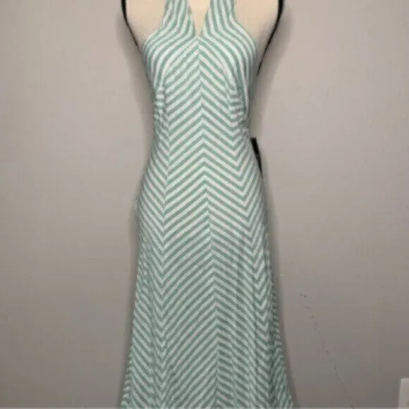 NWT New York &amp; Company Sea Green &amp; White Striped Halter Long Maxi Dress