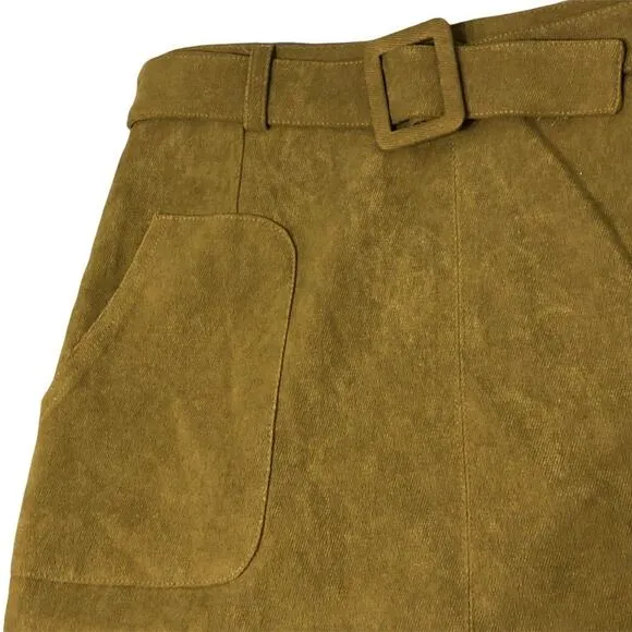 NWT See U Soon Anthropologie green microfiber corduroy belted mini skirt Size 4