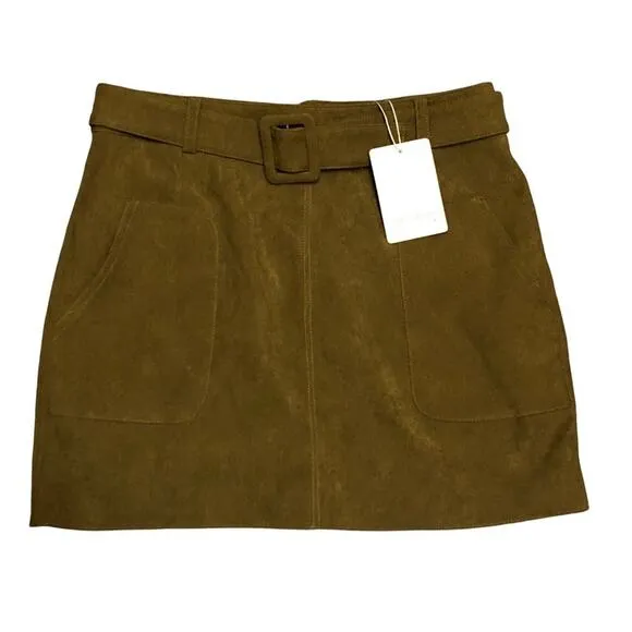 NWT See U Soon Anthropologie green microfiber corduroy belted mini skirt Size 4