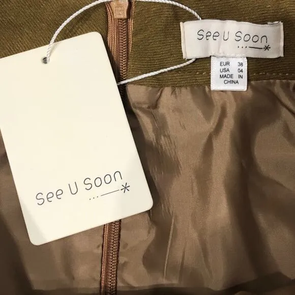 NWT See U Soon Anthropologie green microfiber corduroy belted mini skirt Size 4