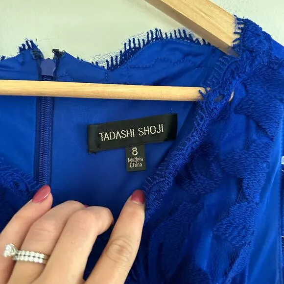 NWT Tadashi Shoji Embroidered Lace Blouson Waist Dress Marna Blue 8