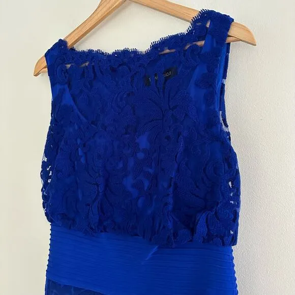 NWT Tadashi Shoji Embroidered Lace Blouson Waist Dress Marna Blue 8