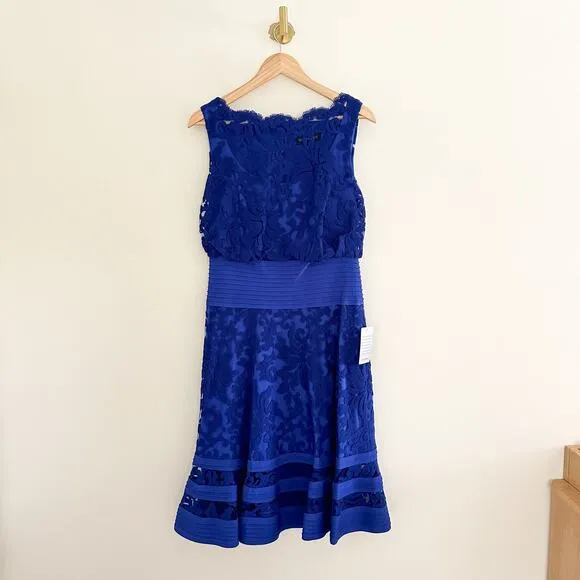 NWT Tadashi Shoji Embroidered Lace Blouson Waist Dress Marna Blue 8