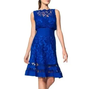 NWT Tadashi Shoji Embroidered Lace Blouson Waist Dress Marna Blue 8