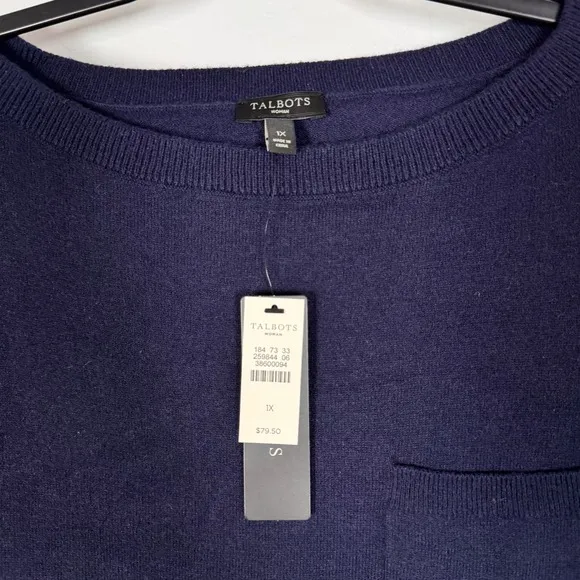 NWT‎ Talbots Sweater Knit Top Pocket Front Long Sleeve Casual Navy Blue Wool 1X