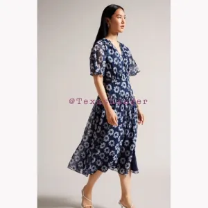NWT Ted Baker Marllee Fit-and-Flare Tiered Midi Dress Size 2 Dark Navy