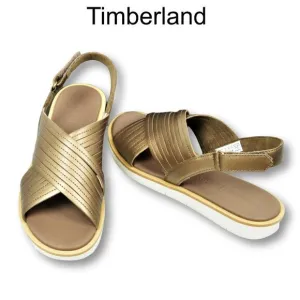 NWT TIMBERLAND Leather Gold Tone Crossband Comfort Flat Sandals