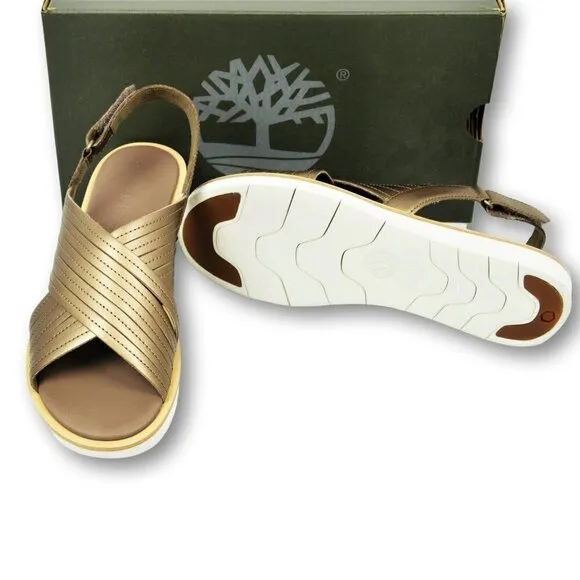 NWT TIMBERLAND Leather Gold Tone Crossband Comfort Flat Sandals
