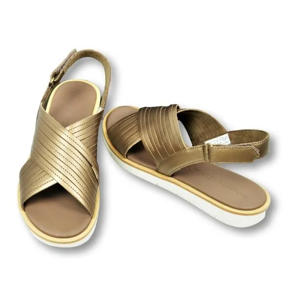 NWT TIMBERLAND Leather Gold Tone Crossband Comfort Flat Sandals