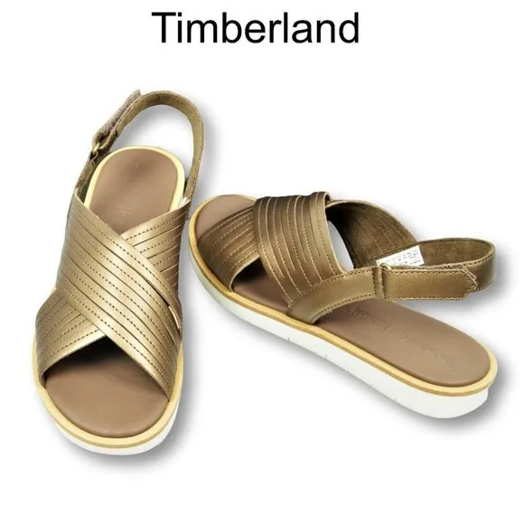 NWT TIMBERLAND Leather Gold Tone Crossband Comfort Flat Sandals