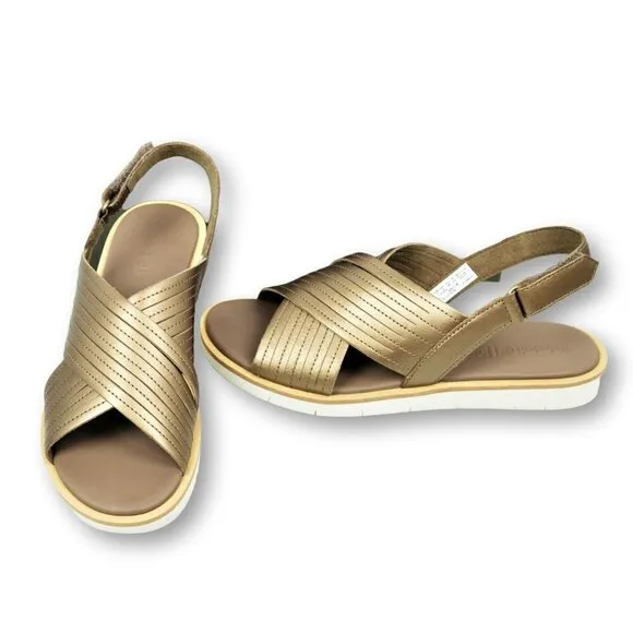 NWT TIMBERLAND Leather Gold Tone Crossband Comfort Flat Sandals