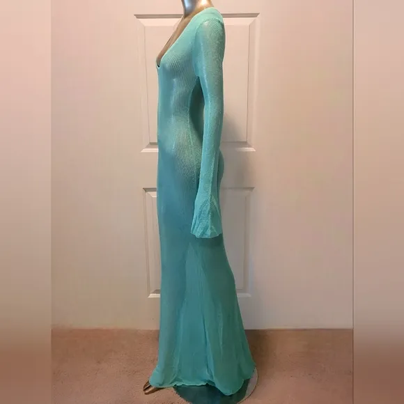NWT Turquoise Waters Sheer Knit Long Sleeve Sweater Maxi Dress Sz S