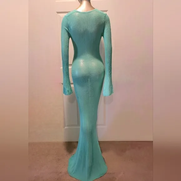 NWT Turquoise Waters Sheer Knit Long Sleeve Sweater Maxi Dress Sz S