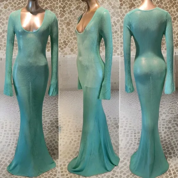NWT Turquoise Waters Sheer Knit Long Sleeve Sweater Maxi Dress Sz S