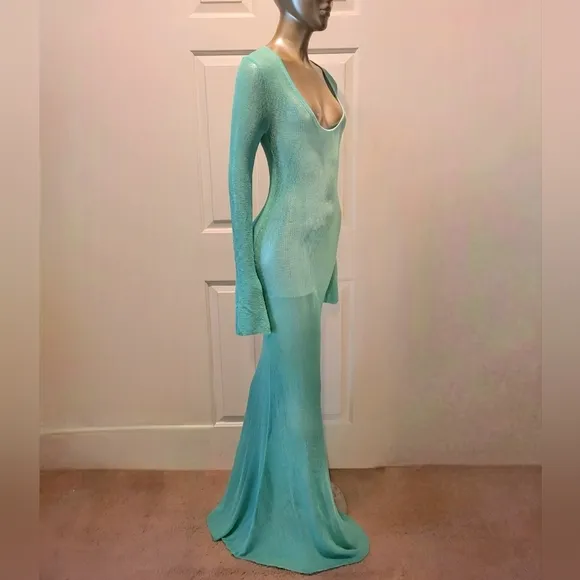 NWT Turquoise Waters Sheer Knit Long Sleeve Sweater Maxi Dress Sz S