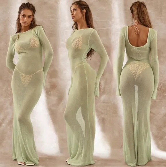 NWT Turquoise Waters Sheer Knit Long Sleeve Sweater Maxi Dress Sz S
