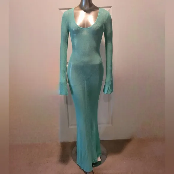NWT Turquoise Waters Sheer Knit Long Sleeve Sweater Maxi Dress Sz S