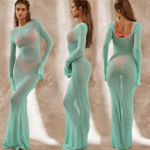 NWT Turquoise Waters Sheer Knit Long Sleeve Sweater Maxi Dress Sz S