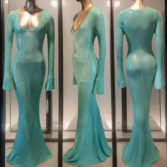 NWT Turquoise Waters Sheer Knit Long Sleeve Sweater Maxi Dress Sz S