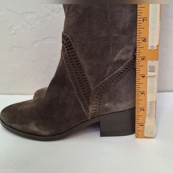 NWT Vince Camuto suede OTK boots Karinda laser cut out low heel olive grey