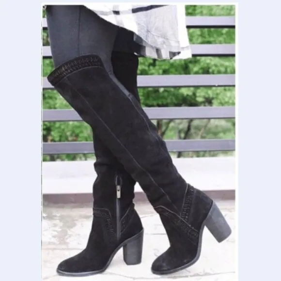 NWT Vince Camuto suede OTK boots Karinda laser cut out low heel olive grey
