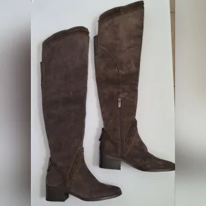 NWT Vince Camuto suede OTK boots Karinda laser cut out low heel olive grey