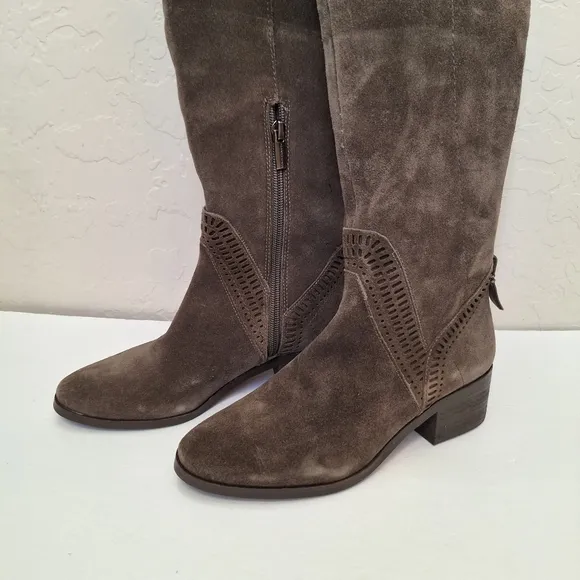 NWT Vince Camuto suede OTK boots Karinda laser cut out low heel olive grey