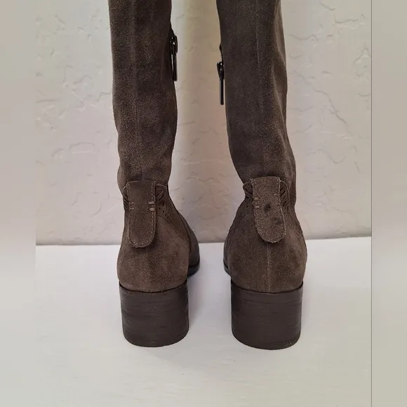 NWT Vince Camuto suede OTK boots Karinda laser cut out low heel olive grey