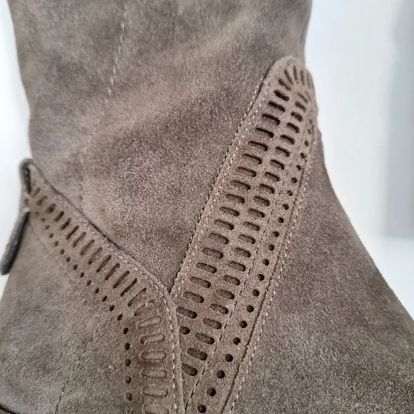 NWT Vince Camuto suede OTK boots Karinda laser cut out low heel olive grey