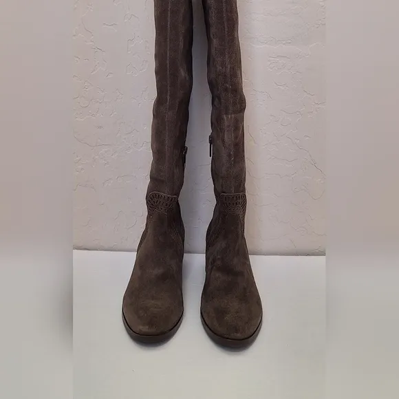 NWT Vince Camuto suede OTK boots Karinda laser cut out low heel olive grey