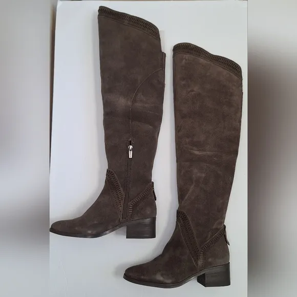 NWT Vince Camuto suede OTK boots Karinda laser cut out low heel olive grey