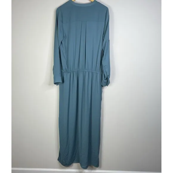 NWT! VINCE Washed Maxi Dress Long Sleeve Shirtdress Size L Teal Orig. $425