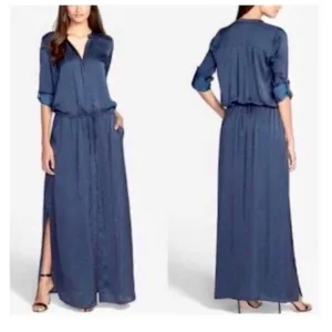 NWT! VINCE Washed Maxi Dress Long Sleeve Shirtdress Size L Teal Orig. $425
