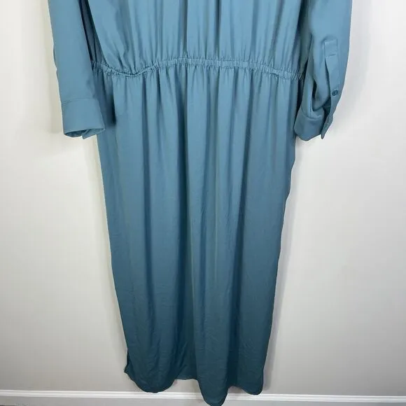 NWT! VINCE Washed Maxi Dress Long Sleeve Shirtdress Size L Teal Orig. $425