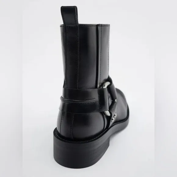 NWT. Zara Black Leather Flat Biker Boots. Size 8.