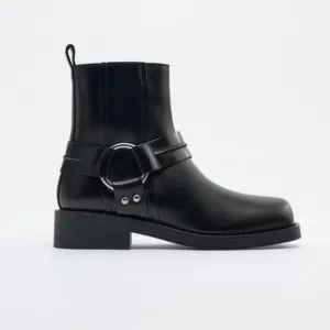 NWT. Zara Black Leather Flat Biker Boots. Size 8.