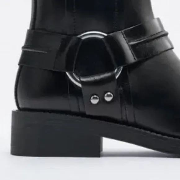 NWT. Zara Black Leather Flat Biker Boots. Size 8.