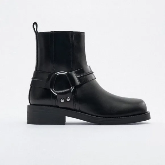 NWT. Zara Black Leather Flat Biker Boots. Size 8.