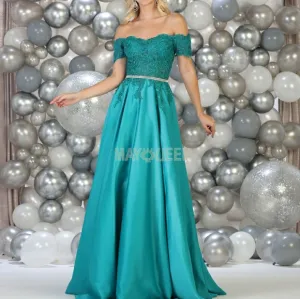 Off shoulder lace applique beaded  formal evening gown pink or green