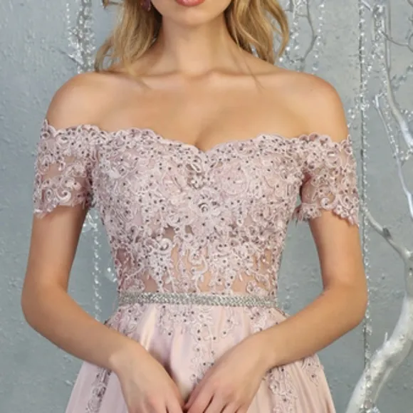 Off shoulder lace applique beaded  formal evening gown pink or green