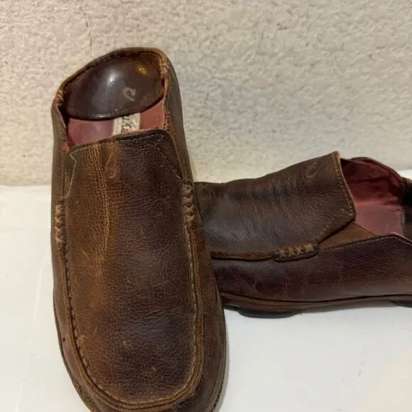 Olukai Moloa Dark Wood Dark Java Leather Slip On Shoes Men’s Size 9